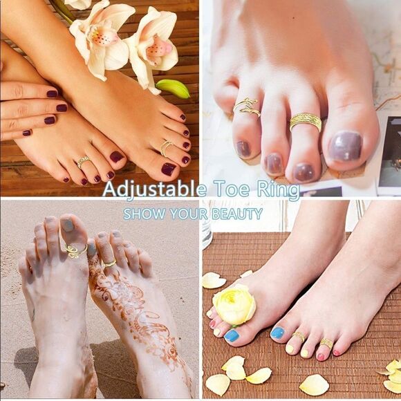 14K Yellow Gold Adjustable Boho Open Toe Rings - Set of 12 - Picture 6 of 6